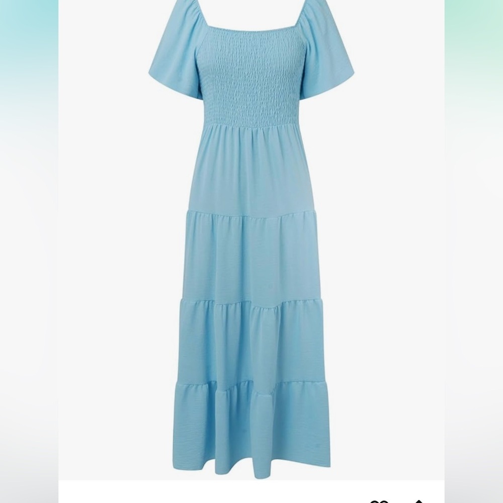 Light Blue Smocked Tiered Maxi Dress Short Puff Sleeve Square Neck Summer Blue